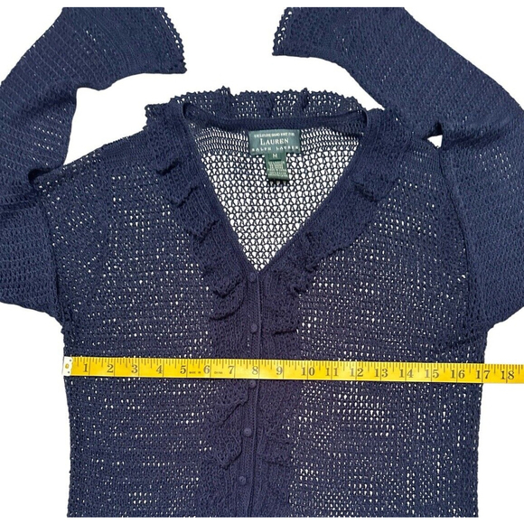Lauren Ralph Lauren Hand Knit Cardigan Sweater Women M Blue Ruffle Long Sleeves - Picture 10 of 15
